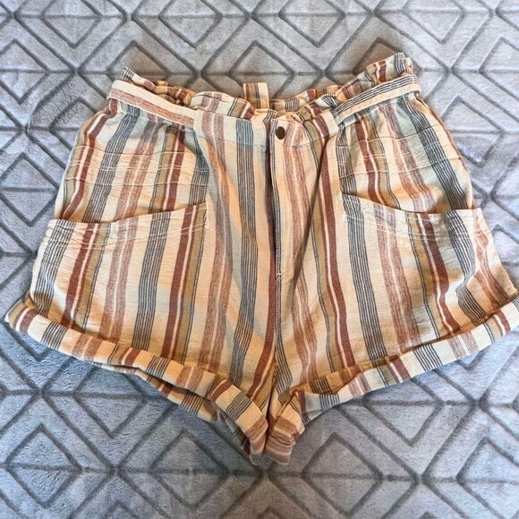 FREE PEOPLE Topanga Cotton Yarn Dye Shorts 2” Paper Bag Waist Cuffed Tan Multi L - Picture 1 of 3
